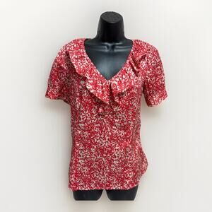 Banana Republic Womens Blouse Size Small Red Floral Ruffle V Neck Short Sleeve
